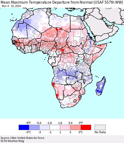 Africa Mean Maximum Temperature Departure from Normal (USAF 557th WW) Thematic Map For 3/4/2024 - 3/10/2024