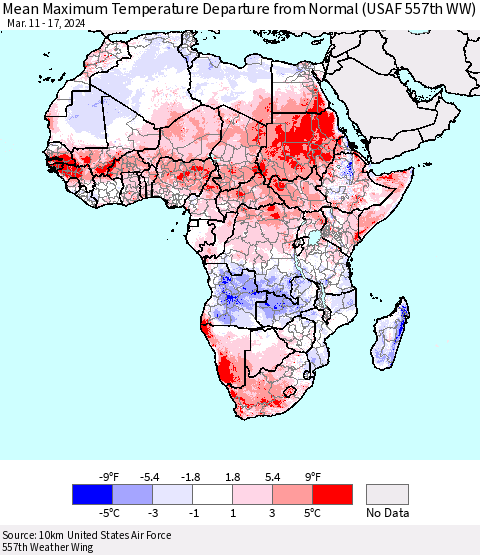 Africa Mean Maximum Temperature Departure from Normal (USAF 557th WW) Thematic Map For 3/11/2024 - 3/17/2024