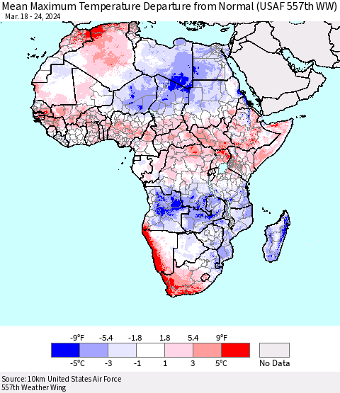 Africa Mean Maximum Temperature Departure from Normal (USAF 557th WW) Thematic Map For 3/18/2024 - 3/24/2024