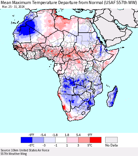Africa Mean Maximum Temperature Departure from Normal (USAF 557th WW) Thematic Map For 3/25/2024 - 3/31/2024
