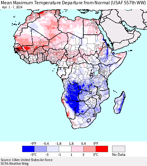 Africa Mean Maximum Temperature Departure from Normal (USAF 557th WW) Thematic Map For 4/1/2024 - 4/7/2024