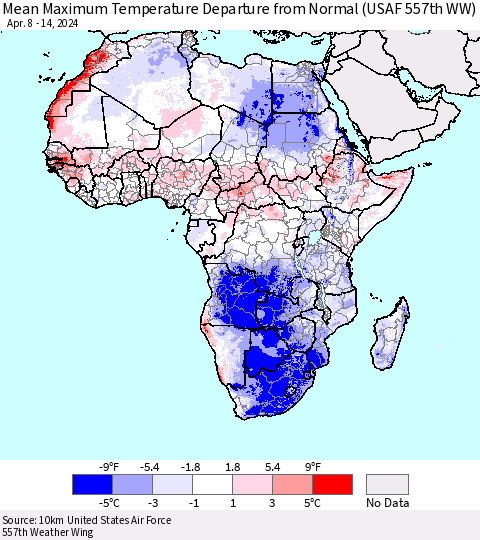 Africa Mean Maximum Temperature Departure from Normal (USAF 557th WW) Thematic Map For 4/8/2024 - 4/14/2024
