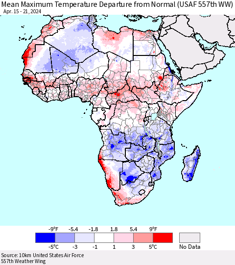 Africa Mean Maximum Temperature Departure from Normal (USAF 557th WW) Thematic Map For 4/15/2024 - 4/21/2024