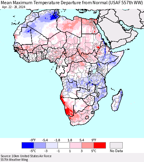 Africa Mean Maximum Temperature Departure from Normal (USAF 557th WW) Thematic Map For 4/22/2024 - 4/28/2024