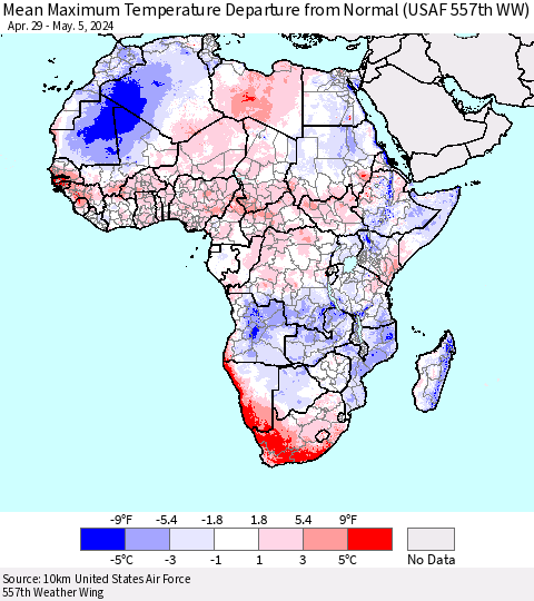 Africa Mean Maximum Temperature Departure from Normal (USAF 557th WW) Thematic Map For 4/29/2024 - 5/5/2024