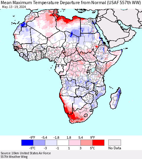 Africa Mean Maximum Temperature Departure from Normal (USAF 557th WW) Thematic Map For 5/13/2024 - 5/19/2024