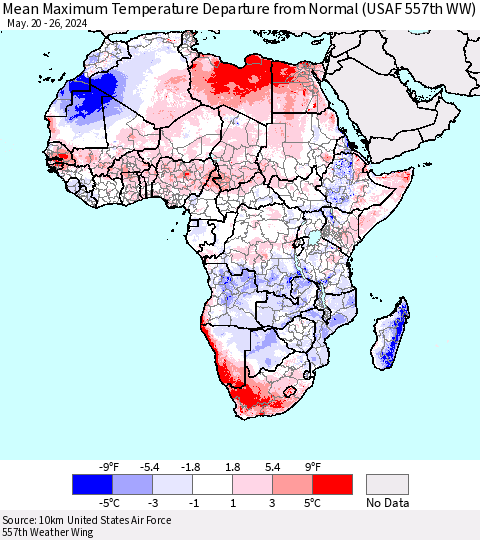Africa Mean Maximum Temperature Departure from Normal (USAF 557th WW) Thematic Map For 5/20/2024 - 5/26/2024