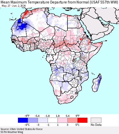 Africa Mean Maximum Temperature Departure from Normal (USAF 557th WW) Thematic Map For 5/27/2024 - 6/2/2024
