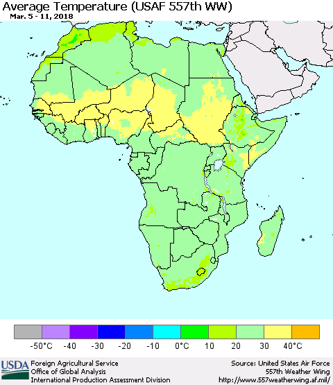 Africa Average Temperature (USAF 557th WW) Thematic Map For 3/5/2018 - 3/11/2018