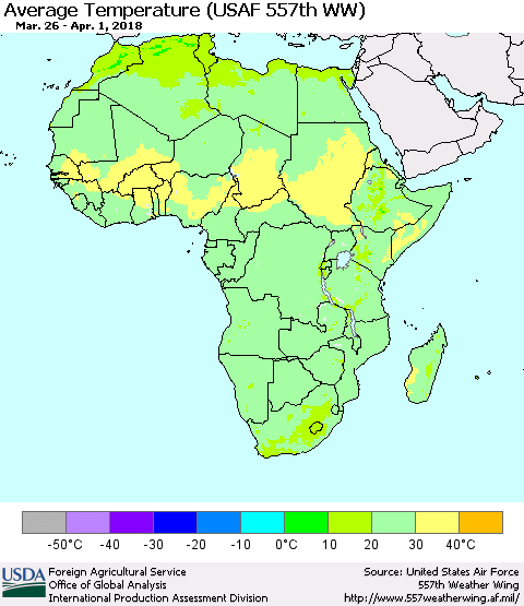 Africa Average Temperature (USAF 557th WW) Thematic Map For 3/26/2018 - 4/1/2018