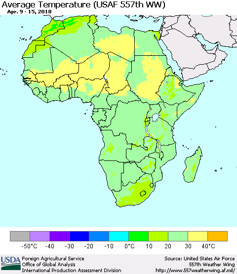 Africa Average Temperature (USAF 557th WW) Thematic Map For 4/9/2018 - 4/15/2018