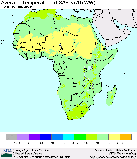 Africa Average Temperature (USAF 557th WW) Thematic Map For 4/16/2018 - 4/22/2018