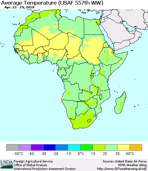 Africa Average Temperature (USAF 557th WW) Thematic Map For 4/23/2018 - 4/29/2018