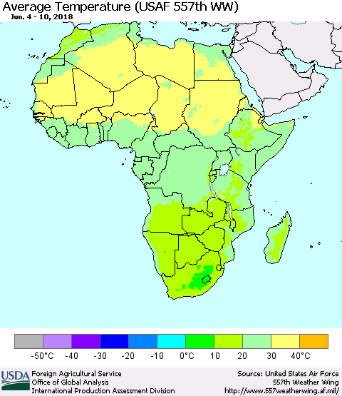 Africa Average Temperature (USAF 557th WW) Thematic Map For 6/4/2018 - 6/10/2018