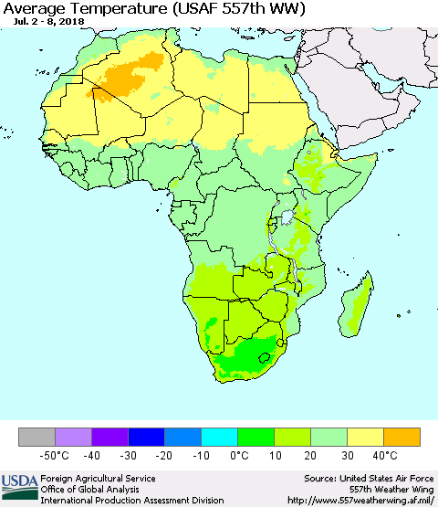 Africa Average Temperature (USAF 557th WW) Thematic Map For 7/2/2018 - 7/8/2018