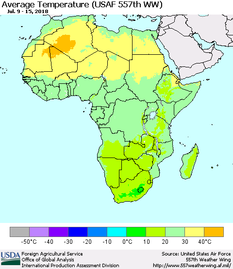 Africa Average Temperature (USAF 557th WW) Thematic Map For 7/9/2018 - 7/15/2018