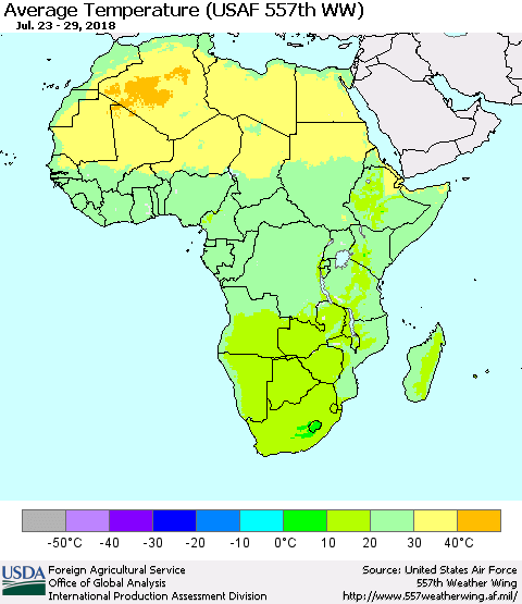 Africa Average Temperature (USAF 557th WW) Thematic Map For 7/23/2018 - 7/29/2018