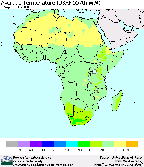 Africa Average Temperature (USAF 557th WW) Thematic Map For 9/3/2018 - 9/9/2018