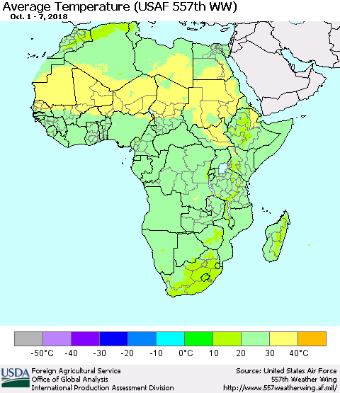 Africa Average Temperature (USAF 557th WW) Thematic Map For 10/1/2018 - 10/7/2018