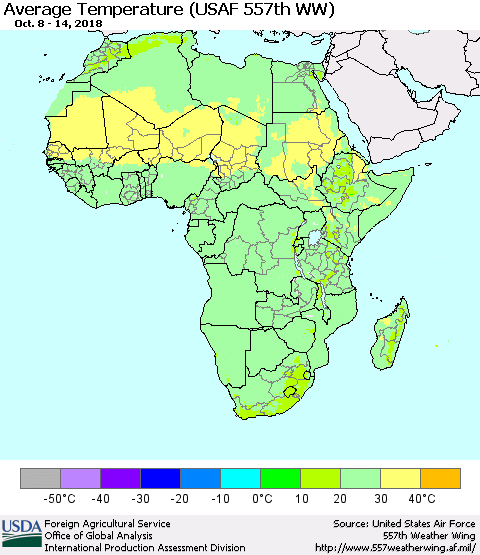 Africa Average Temperature (USAF 557th WW) Thematic Map For 10/8/2018 - 10/14/2018