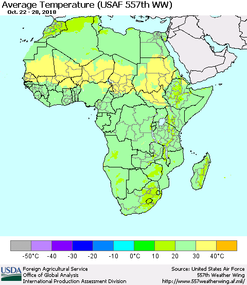 Africa Average Temperature (USAF 557th WW) Thematic Map For 10/22/2018 - 10/28/2018