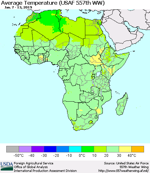 Africa Average Temperature (USAF 557th WW) Thematic Map For 1/7/2019 - 1/13/2019