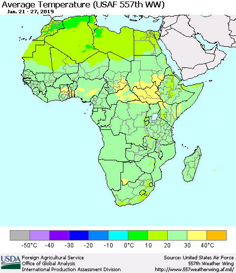 Africa Average Temperature (USAF 557th WW) Thematic Map For 1/21/2019 - 1/27/2019