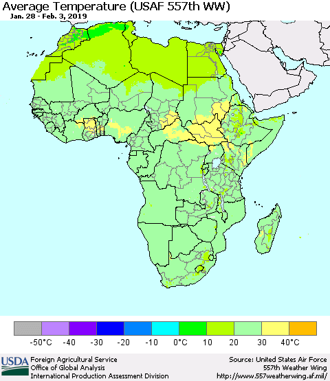 Africa Average Temperature (USAF 557th WW) Thematic Map For 1/28/2019 - 2/3/2019