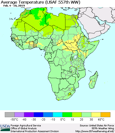 Africa Average Temperature (USAF 557th WW) Thematic Map For 2/4/2019 - 2/10/2019