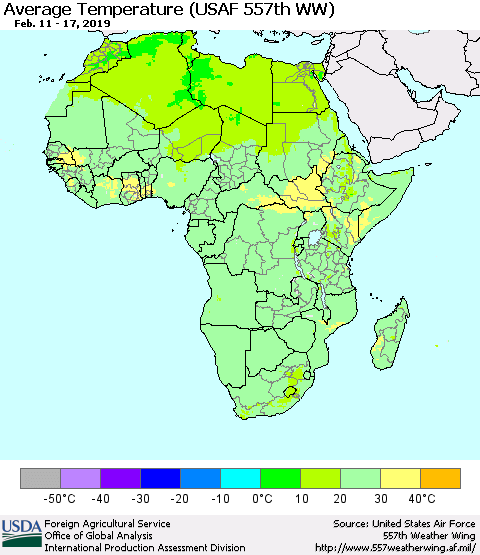 Africa Average Temperature (USAF 557th WW) Thematic Map For 2/11/2019 - 2/17/2019