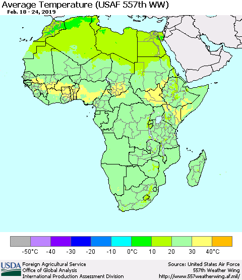 Africa Average Temperature (USAF 557th WW) Thematic Map For 2/18/2019 - 2/24/2019