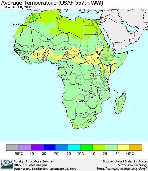 Africa Average Temperature (USAF 557th WW) Thematic Map For 3/4/2019 - 3/10/2019