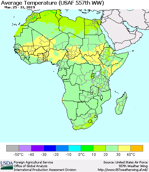 Africa Average Temperature (USAF 557th WW) Thematic Map For 3/25/2019 - 3/31/2019