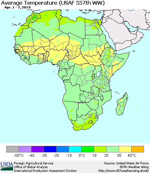 Africa Average Temperature (USAF 557th WW) Thematic Map For 4/1/2019 - 4/7/2019