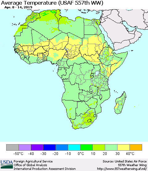 Africa Average Temperature (USAF 557th WW) Thematic Map For 4/8/2019 - 4/14/2019