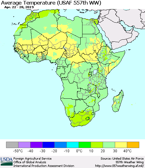Africa Average Temperature (USAF 557th WW) Thematic Map For 4/22/2019 - 4/28/2019