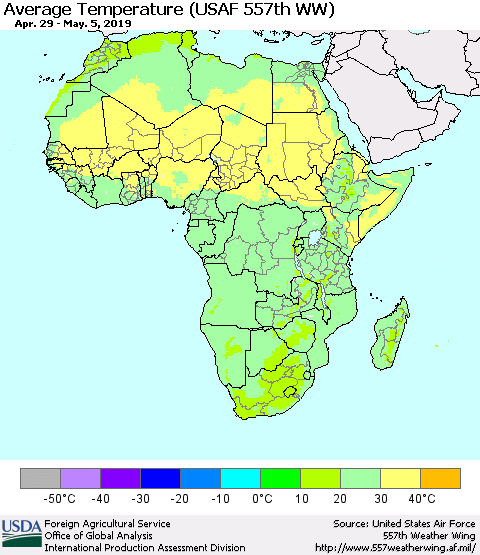 Africa Average Temperature (USAF 557th WW) Thematic Map For 4/29/2019 - 5/5/2019