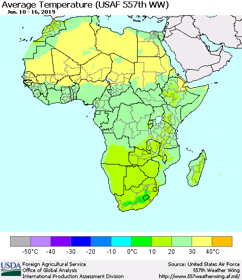 Africa Average Temperature (USAF 557th WW) Thematic Map For 6/10/2019 - 6/16/2019