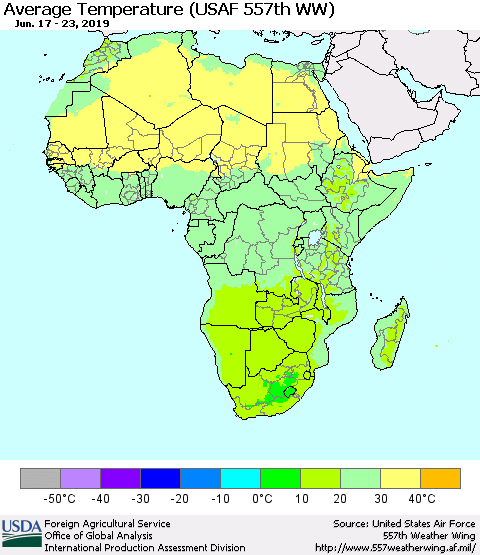 Africa Average Temperature (USAF 557th WW) Thematic Map For 6/17/2019 - 6/23/2019