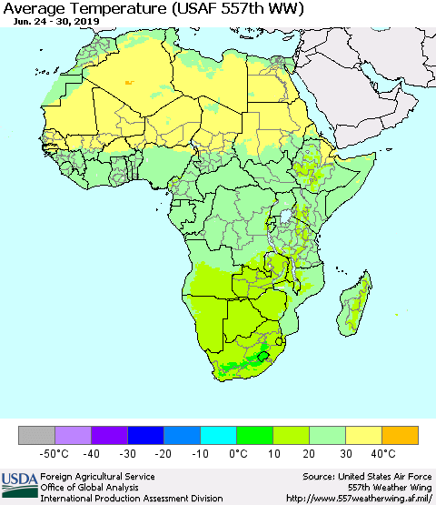 Africa Average Temperature (USAF 557th WW) Thematic Map For 6/24/2019 - 6/30/2019