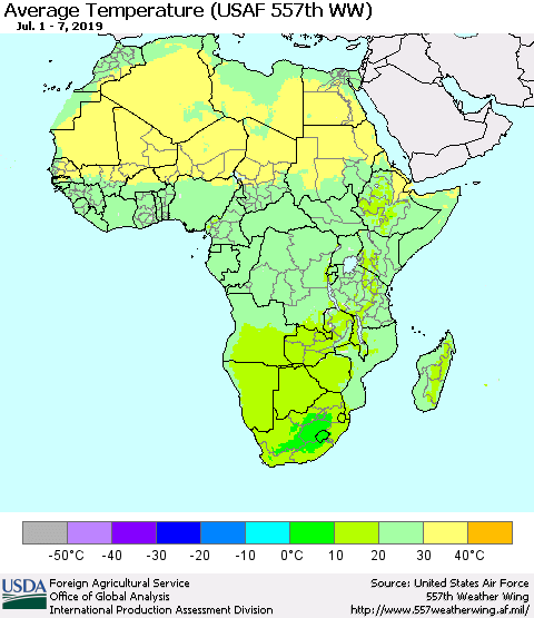 Africa Average Temperature (USAF 557th WW) Thematic Map For 7/1/2019 - 7/7/2019