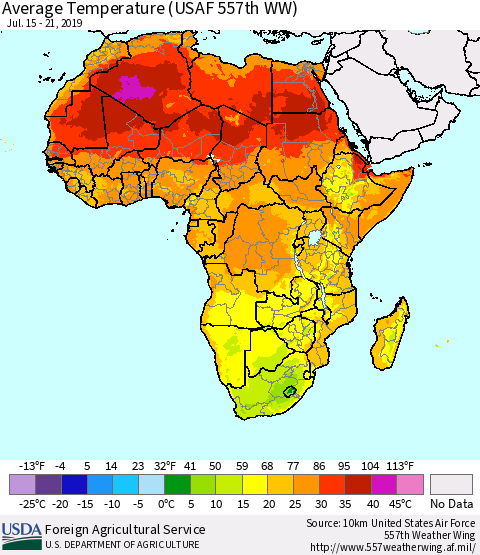 Africa Average Temperature (USAF 557th WW) Thematic Map For 7/15/2019 - 7/21/2019