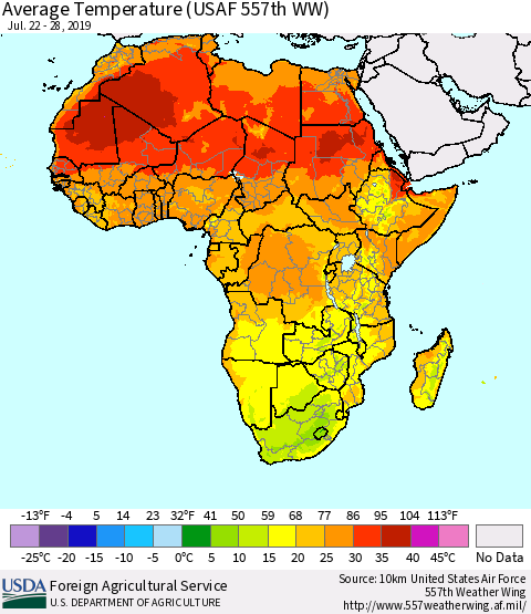 Africa Average Temperature (USAF 557th WW) Thematic Map For 7/22/2019 - 7/28/2019