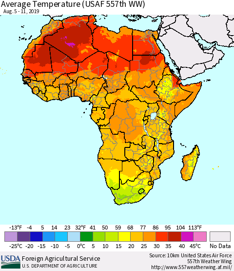 Africa Average Temperature (USAF 557th WW) Thematic Map For 8/5/2019 - 8/11/2019