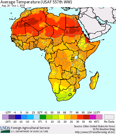 Africa Average Temperature (USAF 557th WW) Thematic Map For 8/26/2019 - 9/1/2019