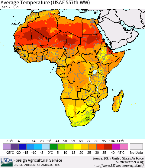 Africa Average Temperature (USAF 557th WW) Thematic Map For 9/2/2019 - 9/8/2019