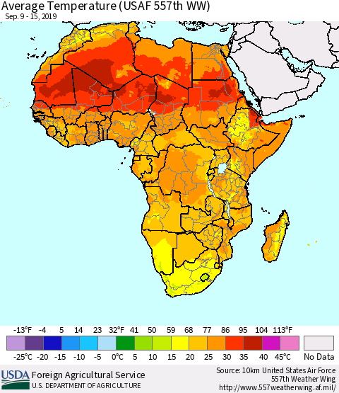 Africa Average Temperature (USAF 557th WW) Thematic Map For 9/9/2019 - 9/15/2019