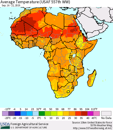 Africa Average Temperature (USAF 557th WW) Thematic Map For 9/16/2019 - 9/22/2019