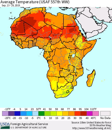 Africa Average Temperature (USAF 557th WW) Thematic Map For 9/23/2019 - 9/29/2019