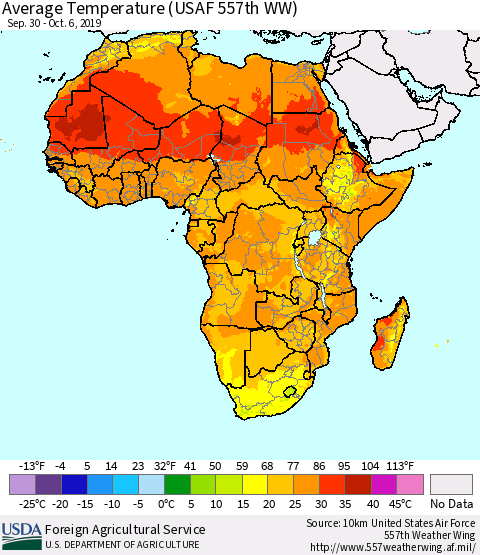 Africa Average Temperature (USAF 557th WW) Thematic Map For 9/30/2019 - 10/6/2019